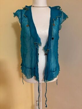 Parallel Teal Sheer Ruffled Tie-Front Vest Sz 14